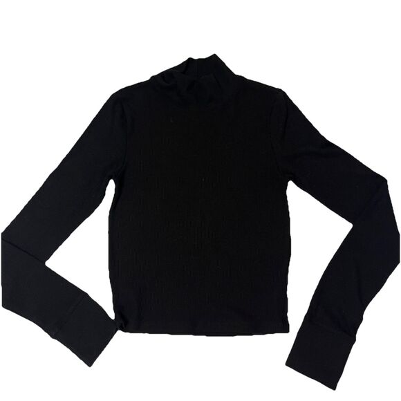 American Eagle Black Ribbed Mock Neck Long Sleeve Top Size S Stretch Fitted - Picture 1 of 9